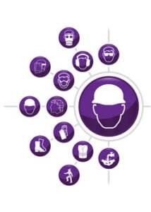 A purple-themed infographic with various icons representing personal protective equipment (PPE). Highlighted centrally is a hard hat symbol. Surrounding icons depict safety glasses, gloves, ear protection, safety boots, a mask, and a safety harness, among others—all essential steps to safety.