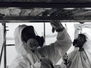 Two individuals in protective suits and masks work on a ceiling, showcasing asbestos awareness. They appear to be applying or removing a substance from the surface. The environment suggests a construction or renovation setting, with scaffolding and plastic coverings in the background.