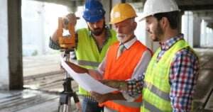 Three construction workers in safety gear are engaged in a discussion, examining a large blueprint in a partially constructed building. One worker operates a surveyor's instrument. They wear high-visibility vests and hard hats, focusing intently on the plans, mindful of hearing loss prevention.