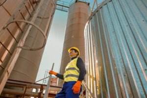 A worker wearing a yellow safety vest, hard hat, and orange gloves stands on metal steps, surrounded by large industrial tanks filled with blasting agents. The sun shines behind one of the tanks, highlighting the scale of the facility.