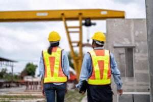 Two construction workers, emphasizing overhead crane safety, walk side by side at a construction site, wearing yellow hard hats and high-visibility vests. An overhead crane and unfinished building structures are visible in the background. The sky is overcast.