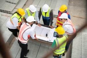 A group of seven construction workers, wearing safety vests and hard hats, are gathered around a table with blueprints, an emergency plan, and a walkie-talkie at a construction site. Some workers are standing while one holds a tablet, possibly discussing the plans.