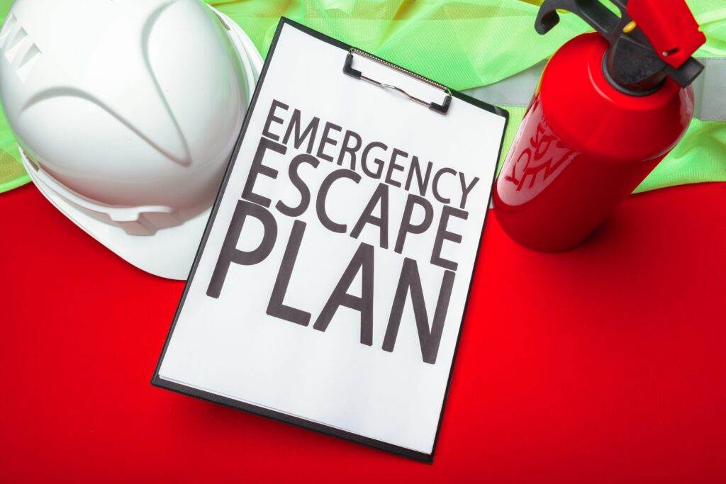 A white safety helmet, a clipboard with "Emergency Escape Plan" written on the paper, and a red fire extinguisher are arranged on a red surface with a partially visible green safety vest in the background, highlighting the importance of emergency preparedness.