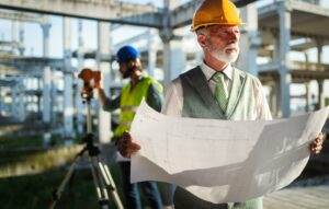 An older man with a white beard, dressed in a vest and tie, wearing a yellow construction helmet, holds a large blueprint at a construction site. A man in a blue helmet and safety vest stands in the background operating surveying equipment, emphasizing the importance of safety on-site.