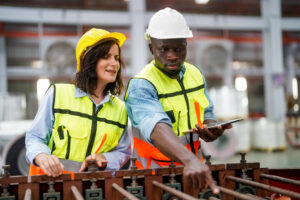 Two workers in safety gear and helmets stand in a factory. The person on the right holds a tablet, pointing towards machinery, while the other looks attentively. Both wear high-visibility vests, ensuring they meet OSHA training requirements while staying ahead of the curve in safety protocols.