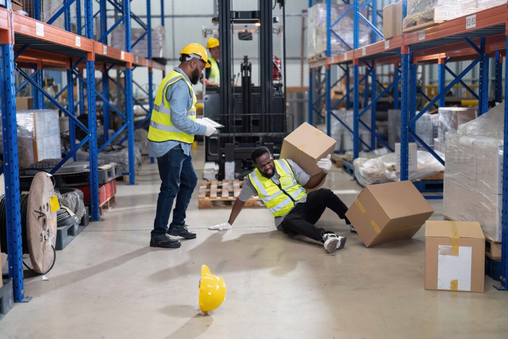 A warehouse worker slips and falls on the floor while holding a box, causing other boxes to scatter. Another worker, wearing a safety vest and helmet, stands nearby with a concerned expression, holding a clipboard. A yellow hard hat is visible on the floor as they assess handling workplace hazards.