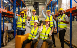 A group of seven warehouse workers wearing high-visibility vests and hard hats are smiling and raising their fists in celebration. They are standing in a storage area with shelves filled with boxes and pallets, embodying the spirit of empowering workplaces for a safer tomorrow.