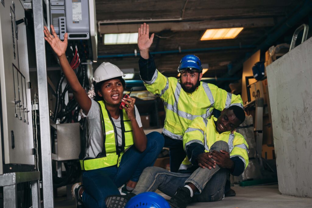 Three construction workers in safety gear are in a dimly lit area. One is kneeling and talking into a walkie-talkie, ensuring accountability, another is standing with a raised hand, and the third is sitting on the floor holding their knee as if in pain. A hard hat lies on the ground.