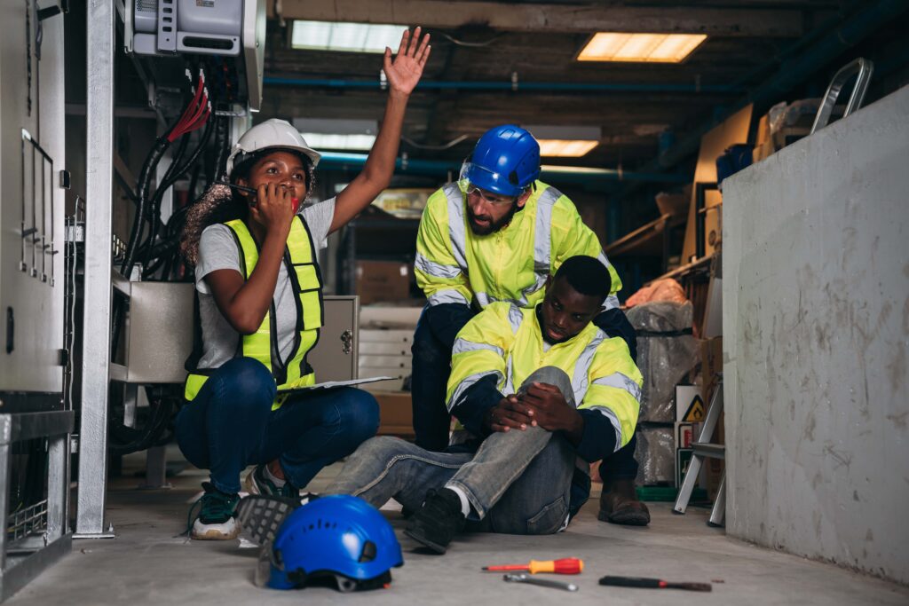 Three construction workers in safety gear attend to a colleague who has been injured on the floor. One worker kneels and holds the injured person’s knee, while another makes a phone call, swiftly implementing emergency action plans. The third worker stands behind, assessing the situation for any workplace hazards.