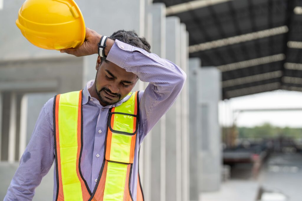 A construction worker in a neon safety vest and a long-sleeved shirt wipes his forehead while holding a yellow hard hat. He appears tired and is standing in an industrial setting with large structures and a high ceiling, possibly suffering from heat illness due to the demanding workplace conditions.