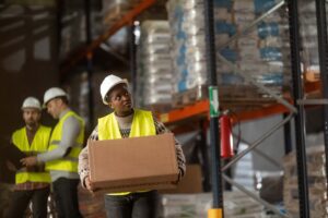 A warehouse worker wearing a high-visibility vest and a hard hat carries a large cardboard box, demonstrating effective workplace ergonomics. Two other workers, also in high-visibility vests and hard hats, are seen in the background checking inventory. Shelves stocked with various items are visible behind them.