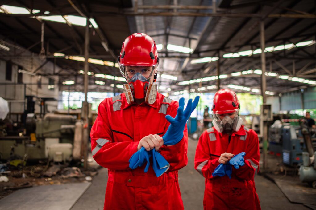 Two people wearing red personal protective equipment, including helmets, goggles, and respirators, are inside an industrial facility. The person in front is putting on blue gloves while the other in the background adjusts their respirator. The facility is filled with various machinery showcasing innovation in protection.