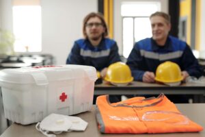 Two workers in blue uniforms are seated at a table with safety gear, including yellow hard hats. In the foreground, along with a white first aid kit with a red cross, an orange safety vest, safety goggles, and two face masks, lies a comprehensive guide on AEDs for workplace emergencies.