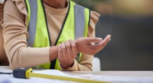 A person wearing a neon yellow safety vest holds their wrist, appearing to check or soothe it. They are seated at a table with a tape measure visible in the foreground, emphasizing the importance of hand injury prevention in workplace safety. The background is blurred, focusing attention on the person's hands and wrist.