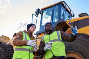 Two construction workers in reflective vests and gloves stand by heavy machinery, holding paper cups. One talks and points, while the other listens, possibly discussing an auto draft for the project on site.