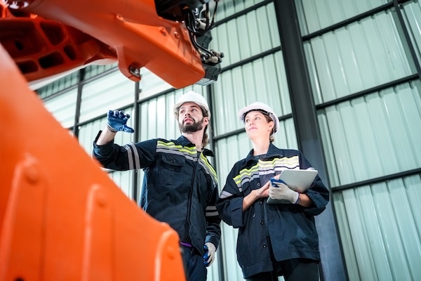 Two workers in protective gear and helmets stand in a factory, examining a large orange machine. As they engage in overhead crane training, one points at the machine while the other holds a clipboard. Their focus is on mastering safety to ensure a safer workplace.