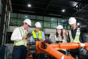 Four construction workers in white helmets and reflective vests examine an orange industrial robot arm inside a building. Two hold tablets, discussing Custom Safety Programs, while the other two focus on the machinery to enhance Manufacturing Safety.