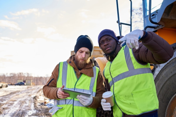 Two construction workers in yellow safety vests and gloves are outdoors, standing near heavy machinery on a construction site. One holds a tablet, likely detailing a report, while the other clutches a coffee cup as they converse earnestly about the current project.