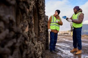 Two construction workers in high-visibility vests and winter clothing discuss OSHA standards near a muddy construction site. One points towards something while holding blueprints, with shipping containers and equipment in the background.