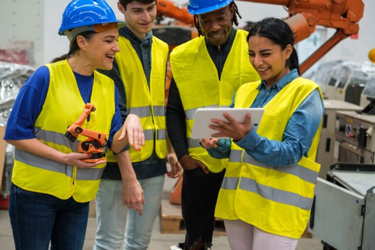 A group of four diverse factory workers wearing blue hard hats and yellow safety vests smile while looking at a tablet. One person holds a power tool. Industrial machinery is visible in the background.