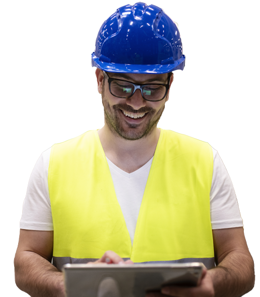 A smiling construction worker, featured on the homepage, wearing a blue hard hat, safety glasses, and a yellow reflective vest is holding a tablet.