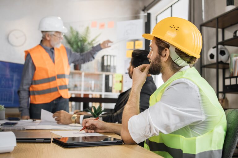 In a safety-first environment, three individuals convene in a meeting room. One stands, demonstrating leadership by pointing at a board filled with diagrams, while the other two, exemplifying workplace culture, sit at a table equipped with papers and devices. All don hard hats and safety vests.