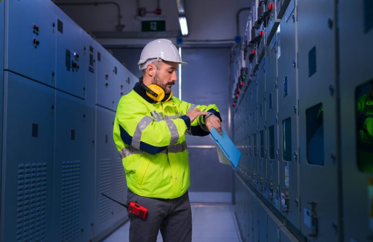 In a high-visibility jacket and hard hat, the technician reviews a document on best practices in an industrial control room. He wears ear protection around his neck and a radio clipped to his belt. Control panels line the walls with various switches and lights, all ensuring electrical safety compliance.