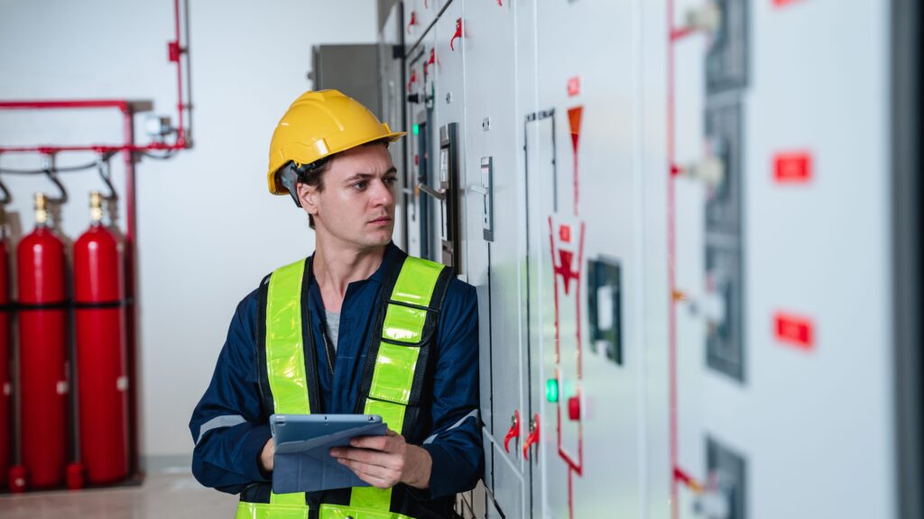 A person wearing a yellow hard hat and a reflective vest is inspecting control panels in an industrial setting, focusing on electrical safety. They hold a tablet and look intently at gauges and switches. Red gas cylinders are visible in the background, emphasizing their attention to emergency response plans.