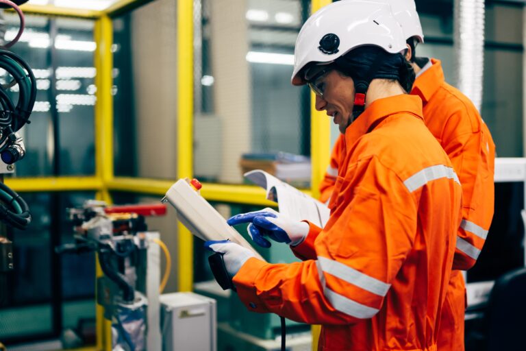 Two engineers in orange safety uniforms and white helmets focus on workplace safety in a factory. One inspects a device while the other reads a manual, both ensuring electrical PPE standards are met as they stand near machinery surrounded by yellow safety barriers.