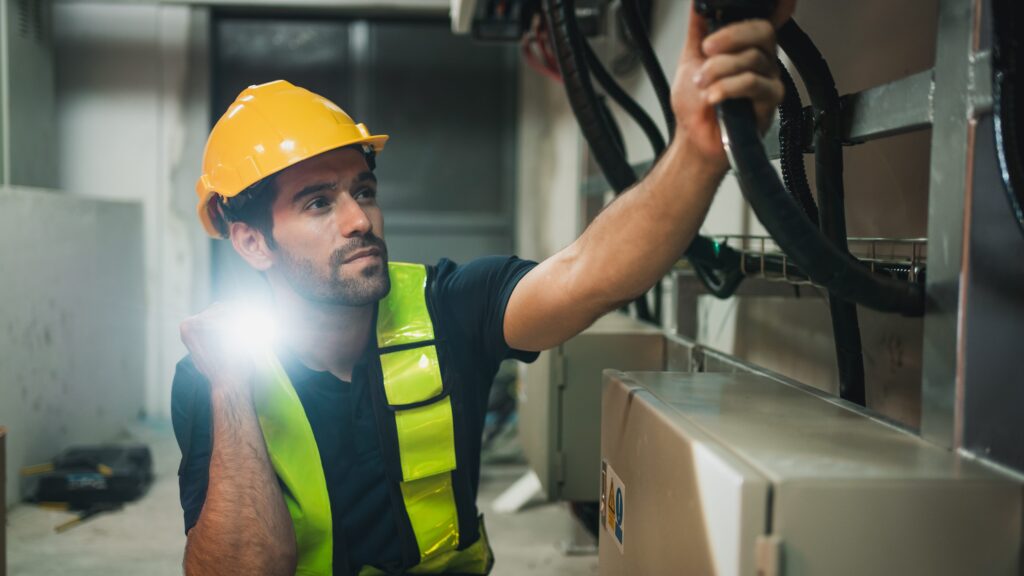 A man in a yellow hard hat and reflective vest inspects industrial equipment to ensure workplace safety. He holds a flashlight in one hand and carefully adjusts a cable with the other, preventing electrical hazards in the dimly lit room.