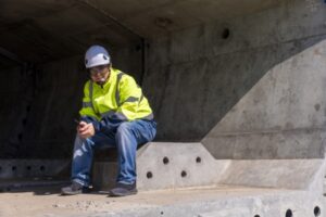 A person in a yellow safety jacket and helmet sits on a concrete structure, taking a break in the shade while checking their phone. Sunlight casts shadows on the busy construction site as they enjoy a moment away from their work schedule adjustments.
