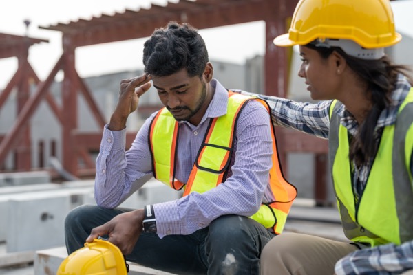 A construction worker in a high-visibility vest and hard hat sits on a site, looking pensive with a hand on his forehead, perhaps pondering the importance of heat stress awareness. Another worker, also in safety gear, sits beside him, placing a reassuring hand on his shoulder.