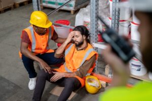 A person in an orange safety vest and hard hat kneels beside another individual, possibly experiencing a heat-related emergency, holding their head. In the foreground, someone with a walkie-talkie coordinates the response to ensure swift first aid assistance.