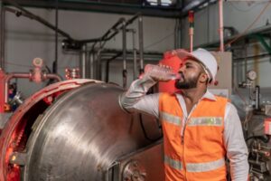 A man wearing an orange safety vest and white hard hat drinks from a plastic water bottle inside an industrial setting with machinery in the background. He stands next to a large metallic, cylindrical equipment, relying on cooling solutions to manage heat exposure while he works.