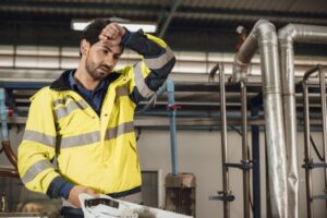 A man in a high-visibility jacket wipes his forehead, showing signs of fatigue as he holds a hard hat. Standing near industrial equipment in the factory, he appears thoughtful or weary, possibly experiencing symptoms of heat-related illnesses.