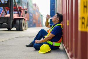 A construction worker sits on the ground, leaning against a shipping container, exemplifying best practices for hydration. Clad in a neon safety vest and jeans, he sips from a water bottle. Nearby, his yellow hard hat and gloves lay beside him amidst shipping containers and equipment.