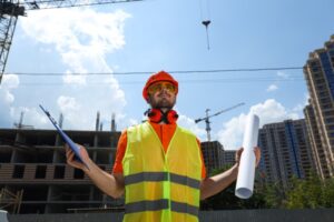 A construction worker, equipped with essential PPE like a safety vest, orange hard hat, and ear protection, holds blueprints and a clipboard at a busy site. Cranes rise against the cloudy sky as partially constructed buildings take shape in this hot work environment.