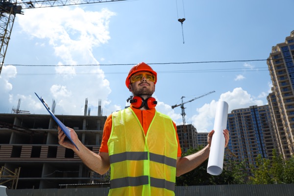 A construction worker, equipped with essential PPE like a safety vest, orange hard hat, and ear protection, holds blueprints and a clipboard at a busy site. Cranes rise against the cloudy sky as partially constructed buildings take shape in this hot work environment.