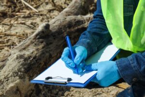 A person wearing a yellow safety vest and blue gloves writes on a blank sheet of paper clipped to a clipboard, outdoors near sand and a large piece of wood.