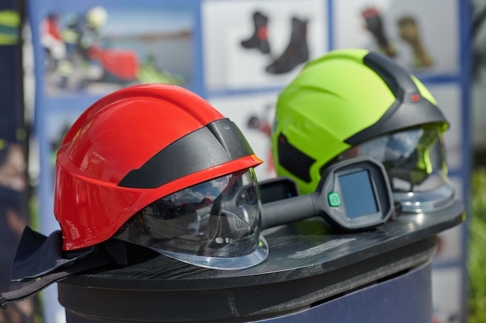 Two protective helmets, one red and one neon yellow, each with attached clear visors and gloves, are displayed on a table. A handheld device is placed beside the helmets, with blurred safety gear in the background.