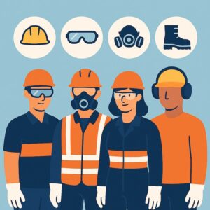 Illustration of four workers in safety gear, including helmets, goggles, gloves, ear protection, and reflective vests. Above them are icons of a helmet, goggles, respirator mask, and safety boots on a blue background.