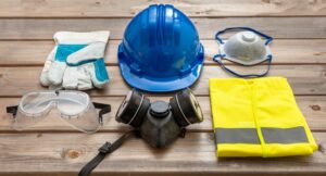 Personal protective equipment arranged on a wooden surface, including work gloves, safety goggles, a blue hard hat, a respirator mask, a dust mask, and a yellow high-visibility safety vest.