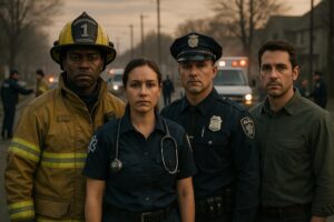 Four emergency responders—a firefighter, a paramedic, a police officer, and a plainclothes responder—stand together outdoors with serious expressions, prepared to follow their emergency action plan. Emergency vehicles and other responders are visible in the background.