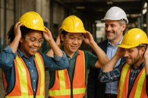 Four construction workers wearing yellow safety helmets, orange reflective vests, and safety glasses smile and adjust their helmets while standing together indoors, demonstrating strong PPE compliance. One person in the back wears a white helmet.