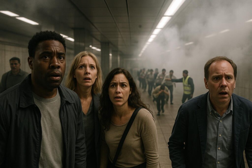 Four people stand in a smoky subway tunnel, looking frightened. Behind them, a crowd rushes toward the camera, fleeing from something unseen—highlighting the importance of workplace emergency preparedness and safety drills in high-stress situations.