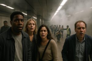 Four people stand in a smoky subway tunnel, looking frightened. Behind them, a crowd rushes toward the camera, fleeing from something unseen—highlighting the importance of workplace emergency preparedness and safety drills in high-stress situations.