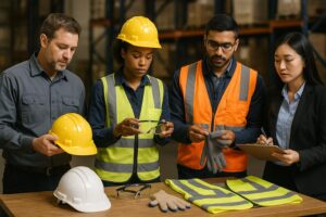 Four people stand around a table with safety gear, including helmets, gloves, and vests, as they conduct a PPE hazard assessment. Two wear yellow helmets and vests, one has an orange vest, and one in business attire writes on a clipboard.