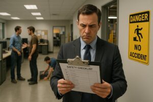 A man in a suit reviews a safety checklist on a clipboard in an office, beside a "Danger No Accident" sign—highlighting the importance of an effective safety program. In the background, two people talk while another inspects a floor panel.