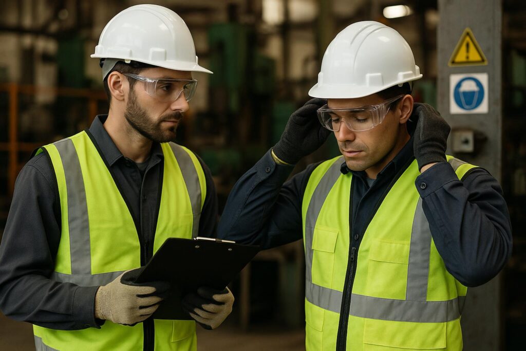 Two male workers in yellow reflective vests, safety helmets, and gloves stand indoors—one with a clipboard, the other adjusting his helmet—conducting a PPE safety inspection. Industrial equipment is visible in the background.