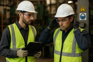 Two male workers in yellow reflective vests, safety helmets, and gloves stand indoors—one with a clipboard, the other adjusting his helmet—conducting a PPE safety inspection. Industrial equipment is visible in the background.